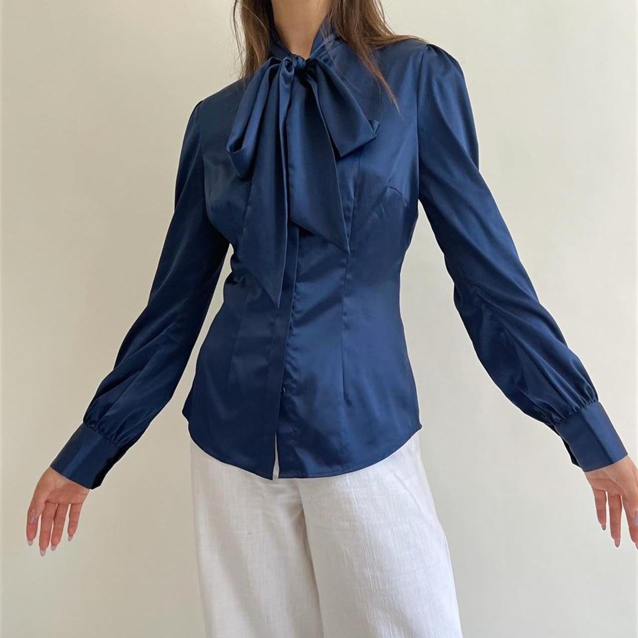 Vintage satin blue blouse with a bow