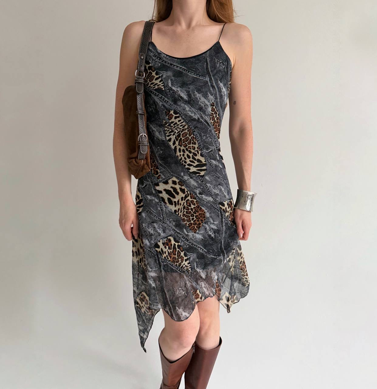 Vintage leopard and denim print midi dress