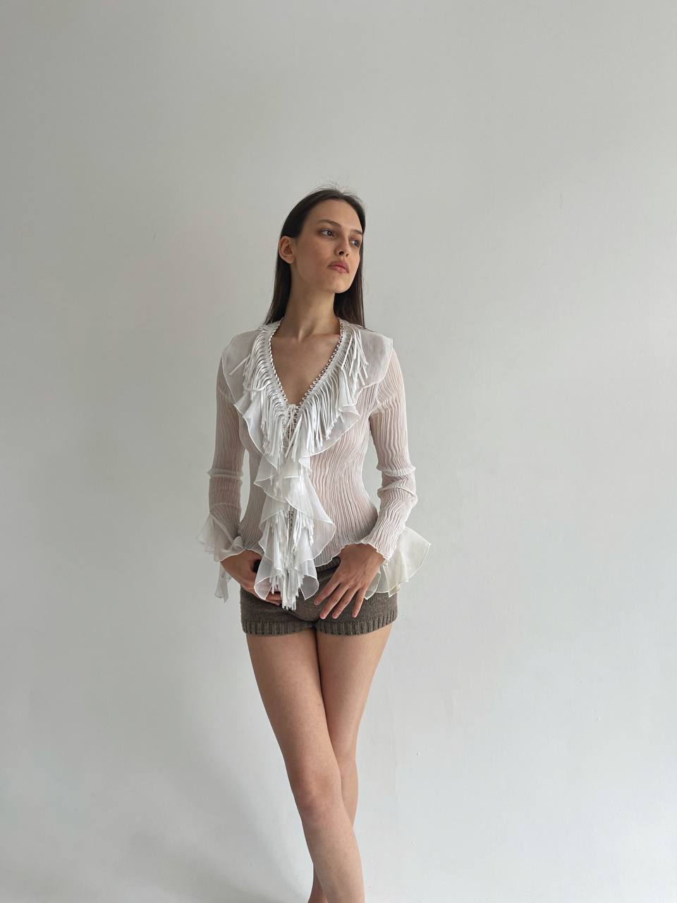 Vintage pleated ruffled blouse with tassels