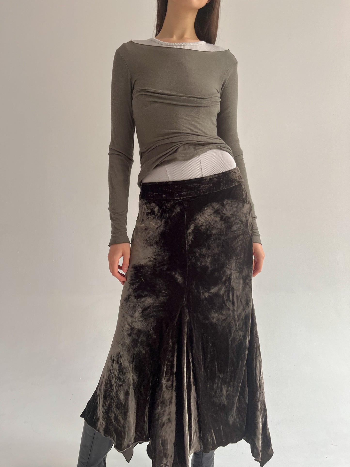 Vintage velvet khaki asymmetrical maxi skirt