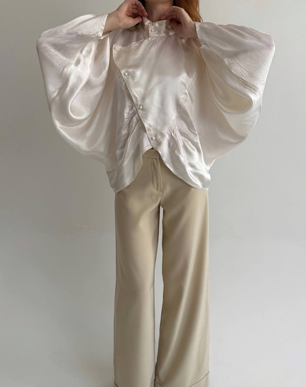 Vintage viscose cream satin asymmetrical blouse