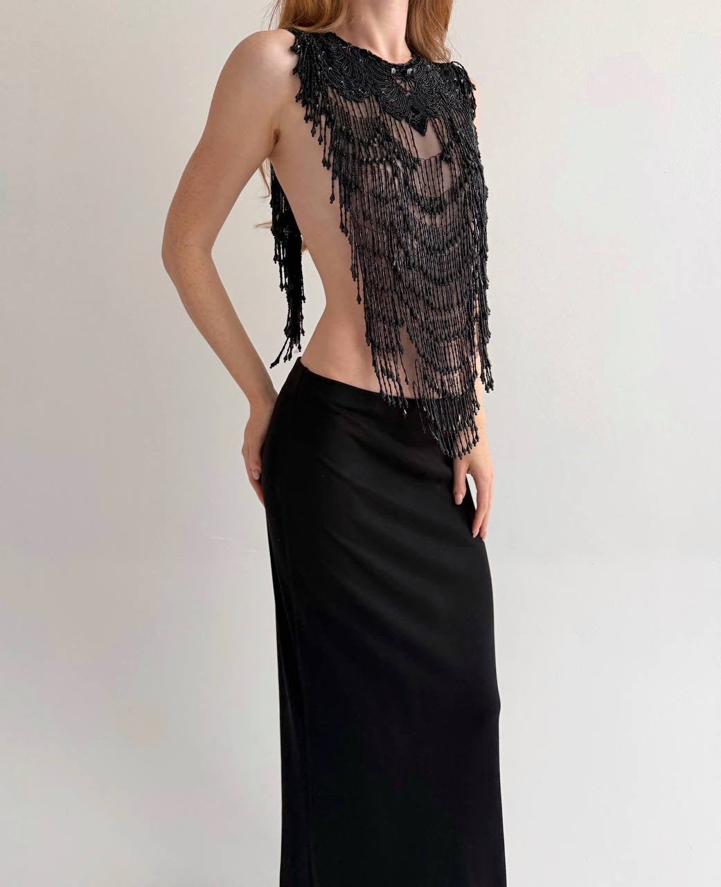 Vintage black beaded fringe mesh top accessory