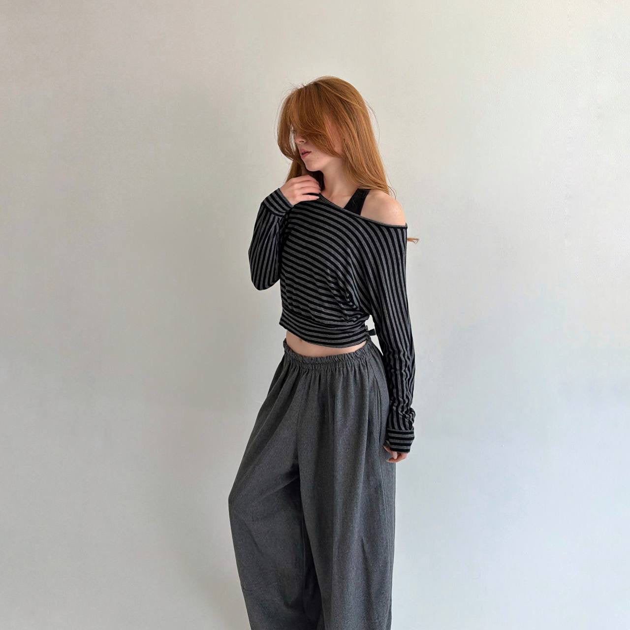 Vintage striped cropped long sleeve blouse
