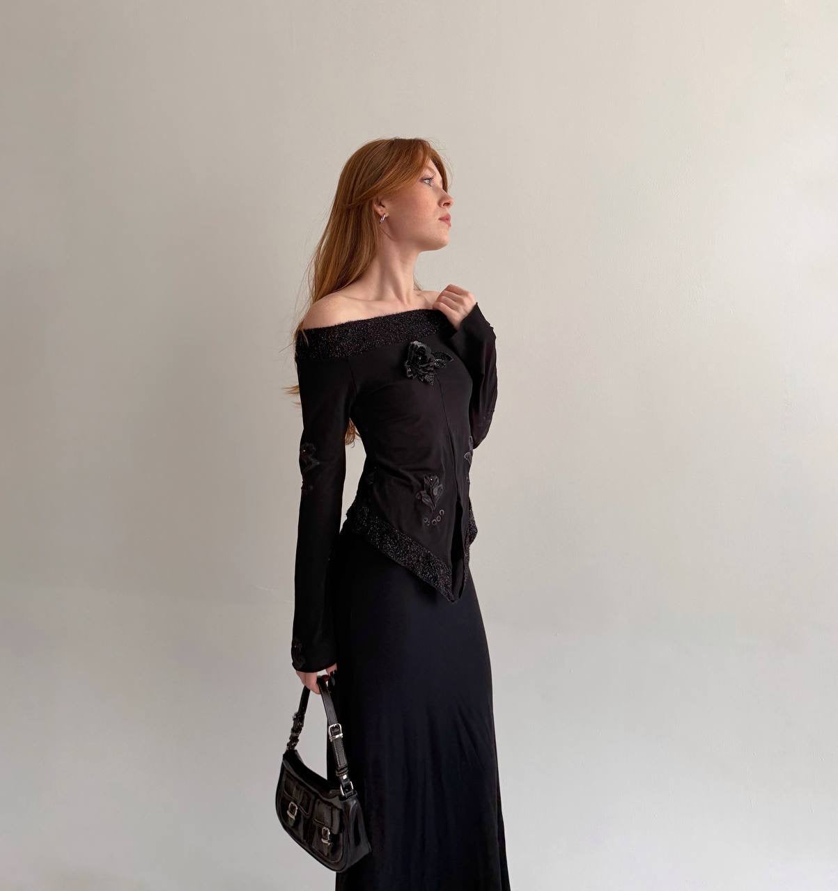 Y2K made in Italy black blouse with flower appliqué