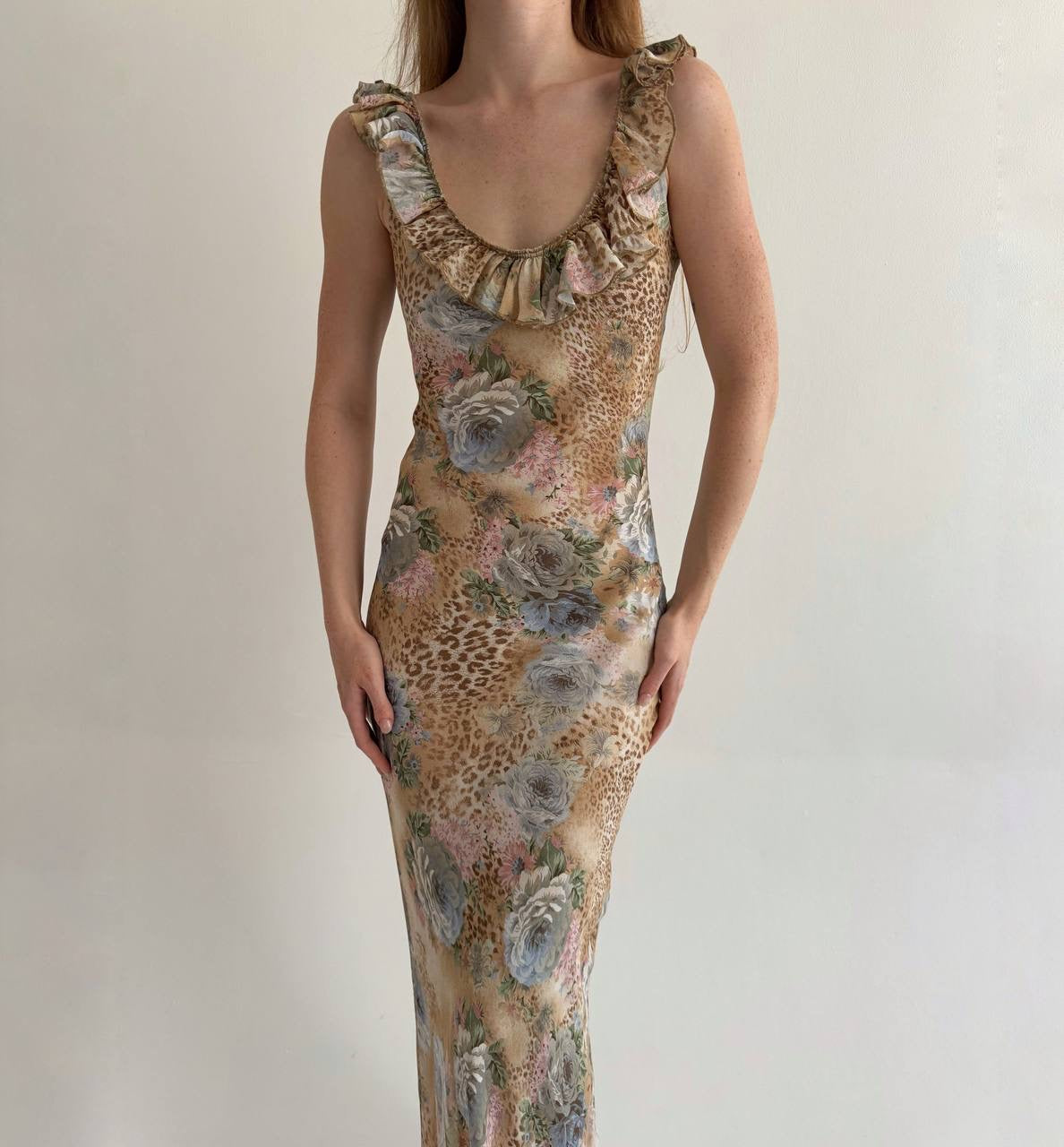 Vintage viscose long dress with leopard and flower print