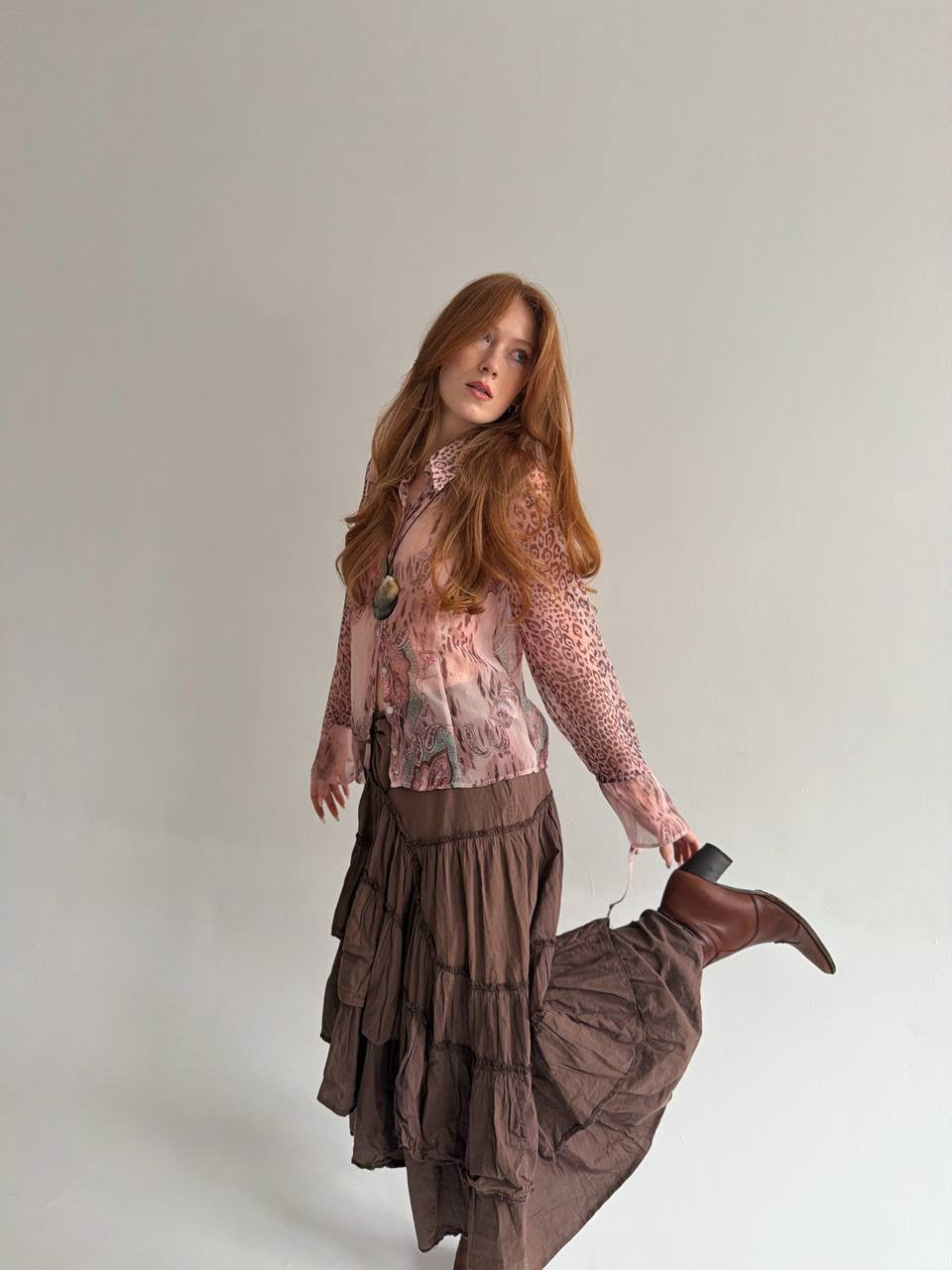 Vintage pink sheer blouse with print