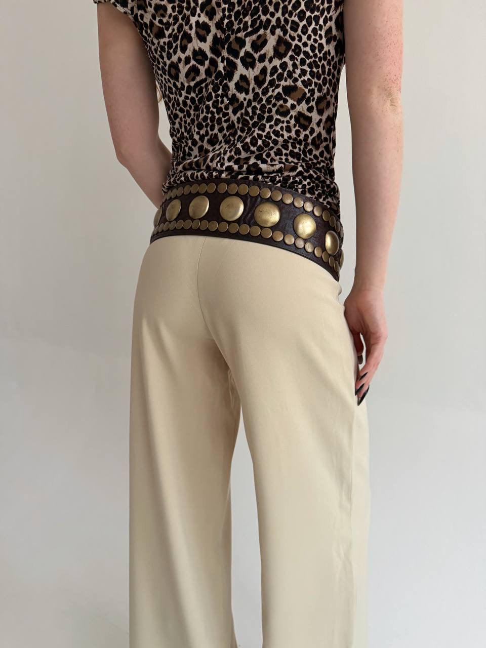 Vintage faux leather brown wide belt with gold tone details and big buckle