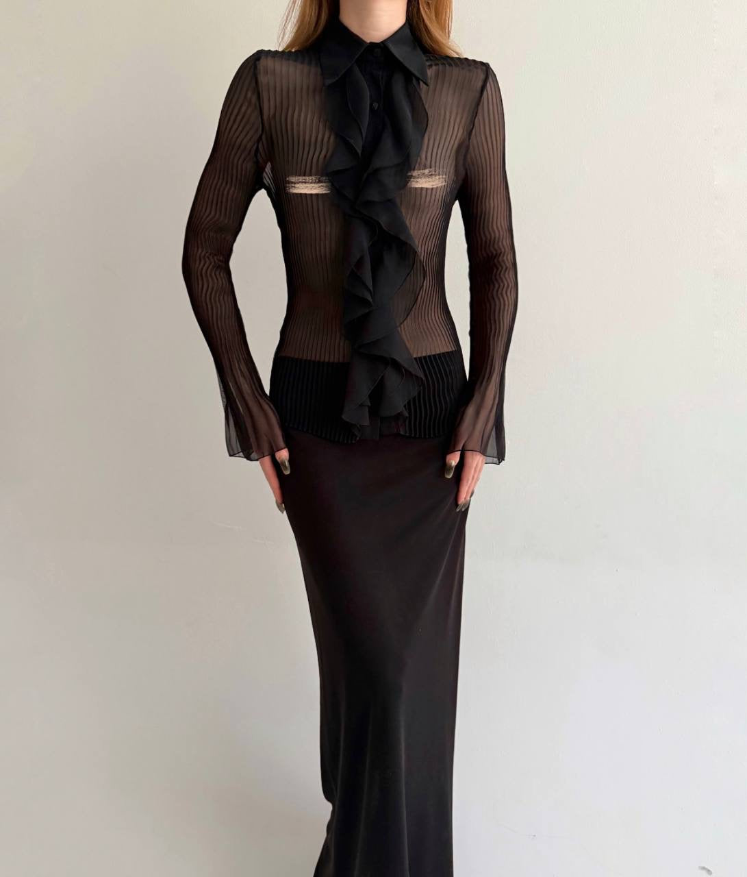 Vintage black sheer pleated blouse