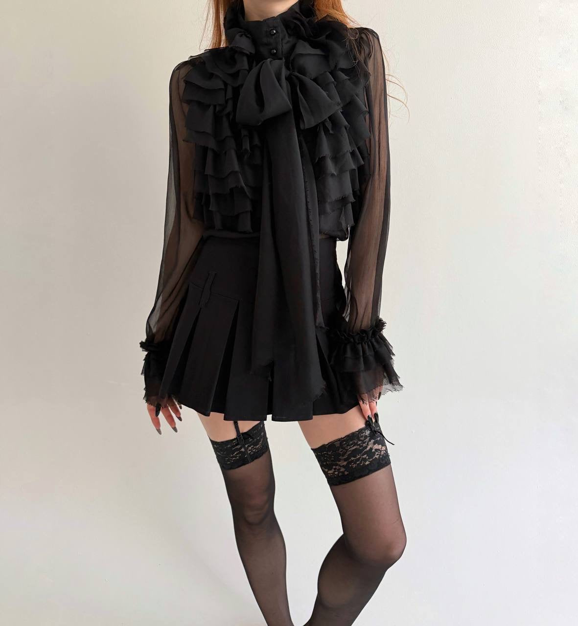 Y2K sheer black blouse with raw trim
