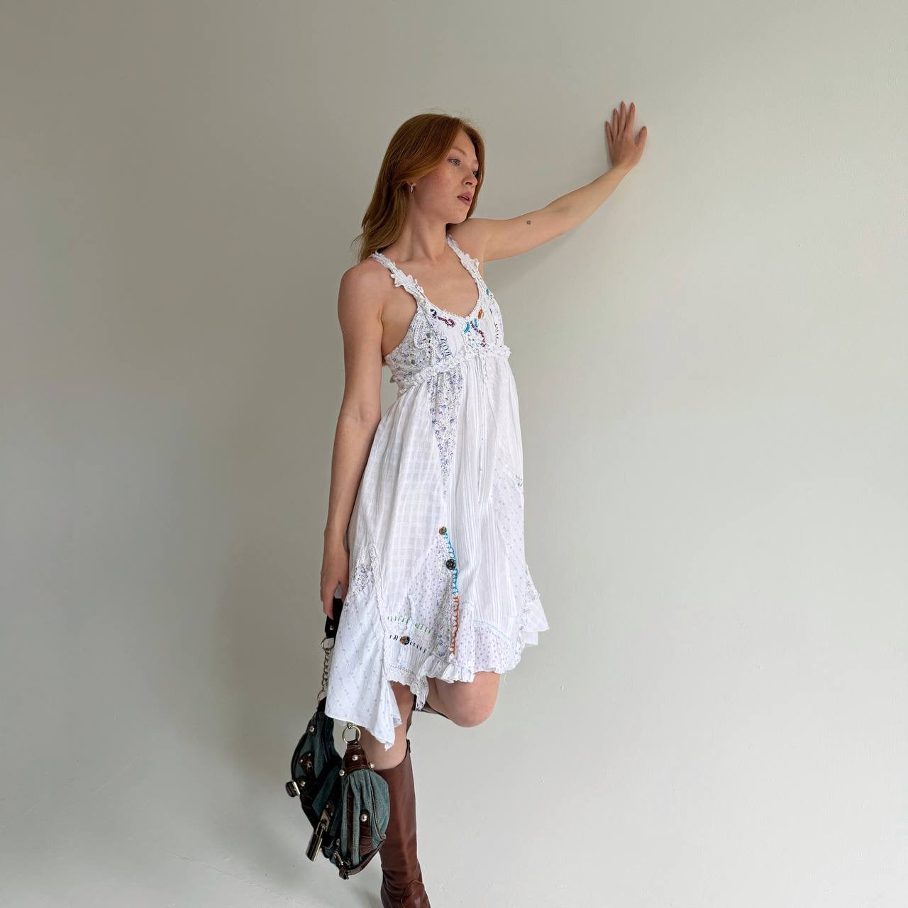 Vintage asymmetrical cotton dress with abstract embroidery