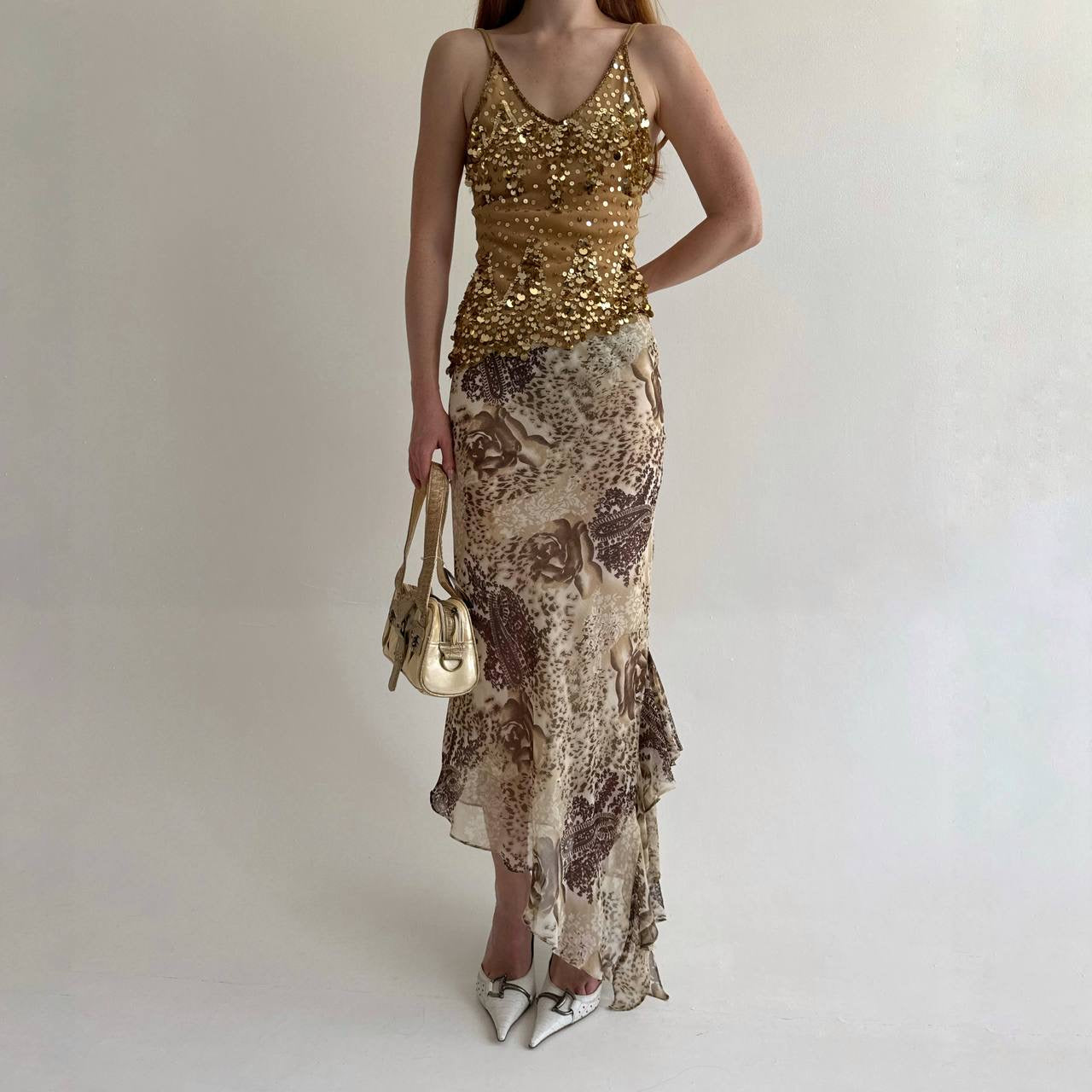 Vintage asymmetrical printed maxi skirt