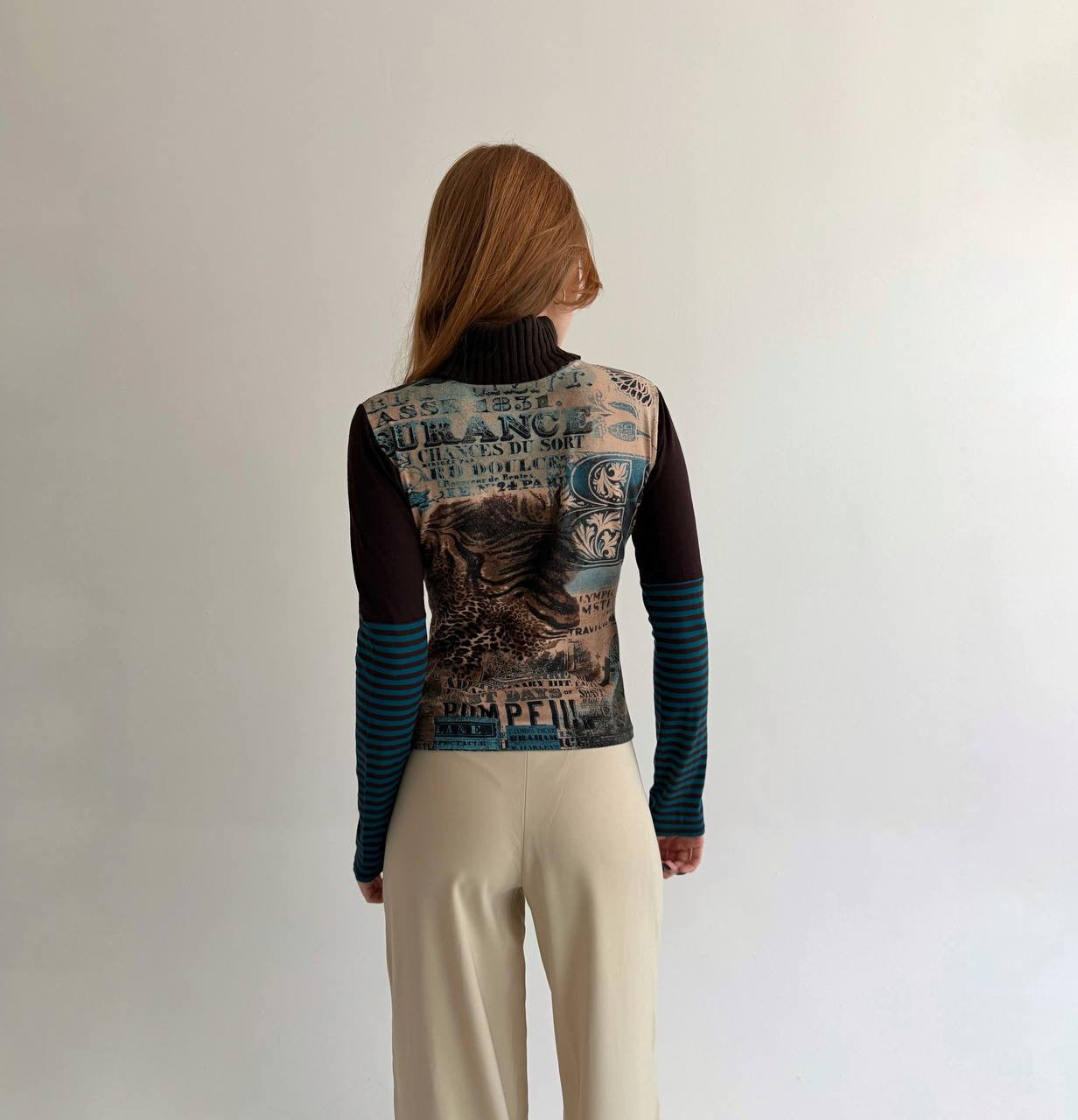 Vintage viscose printed blouse with knitted turtleneck