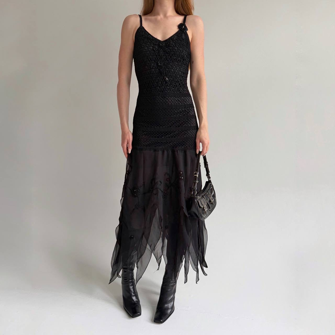 Vintage black 100% rayon asymmetrical long dress