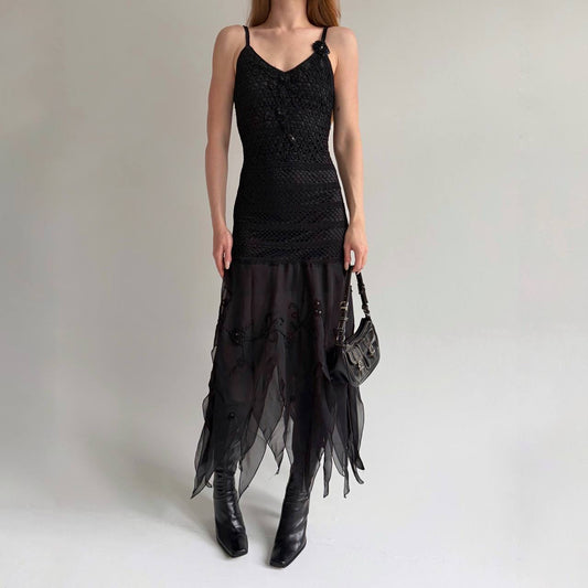 Vintage black 100% rayon asymmetrical long dress