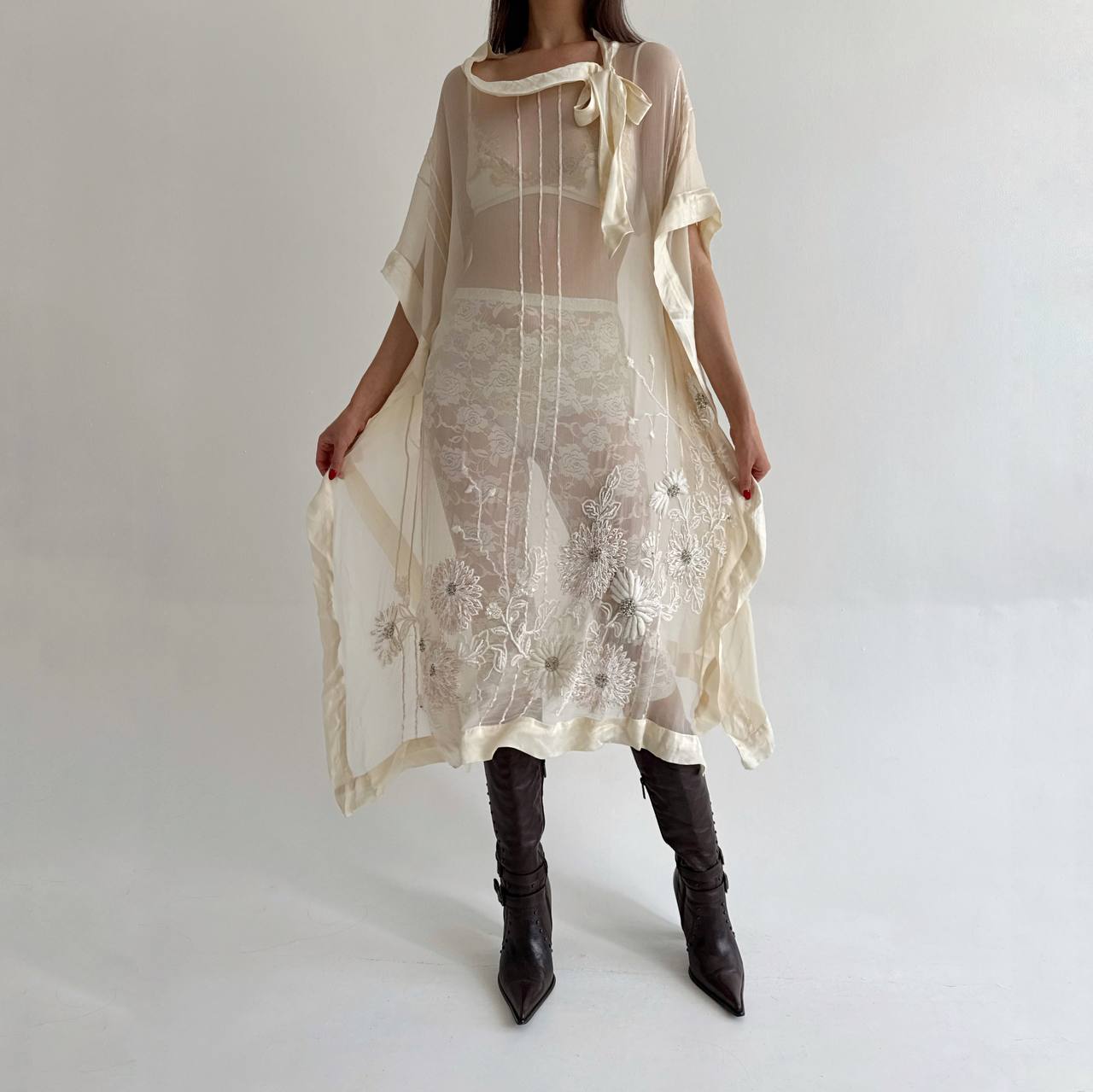 Vintage pure silk beaded crepe sheer dress