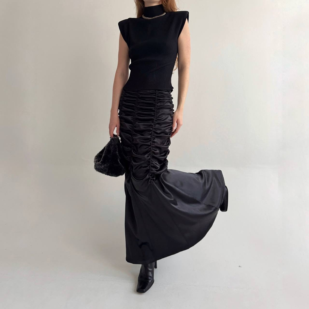 Vintage black satin long ruched skirt