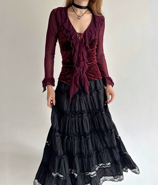 Vintage whimsigoth burgundy velvet blouse
