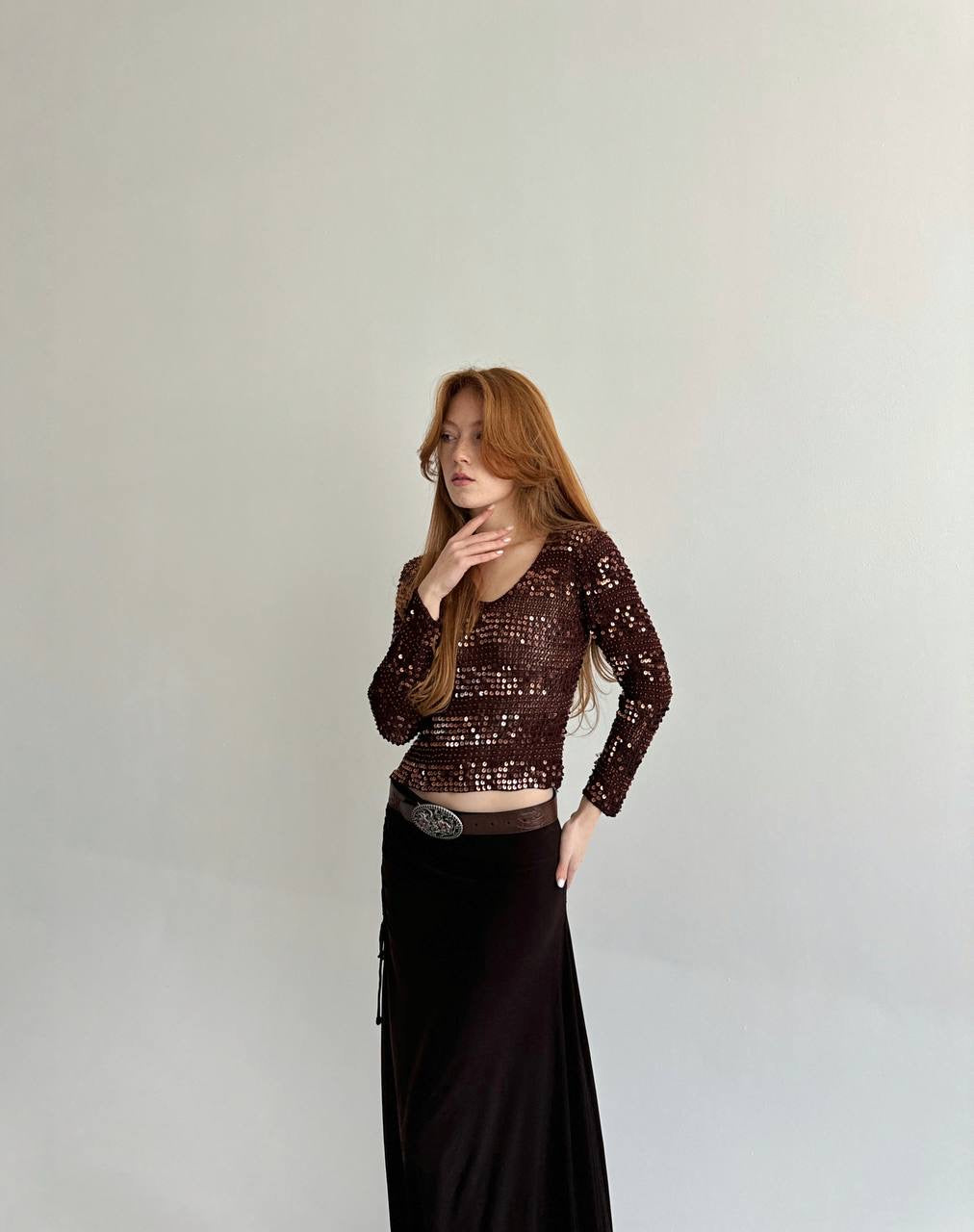 Vintage brown crochet sequin blouse