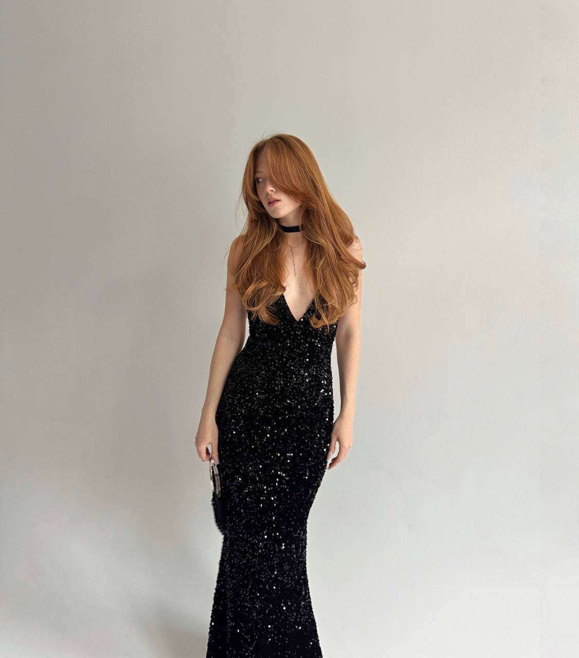 Vintage black long gown covered with sequins