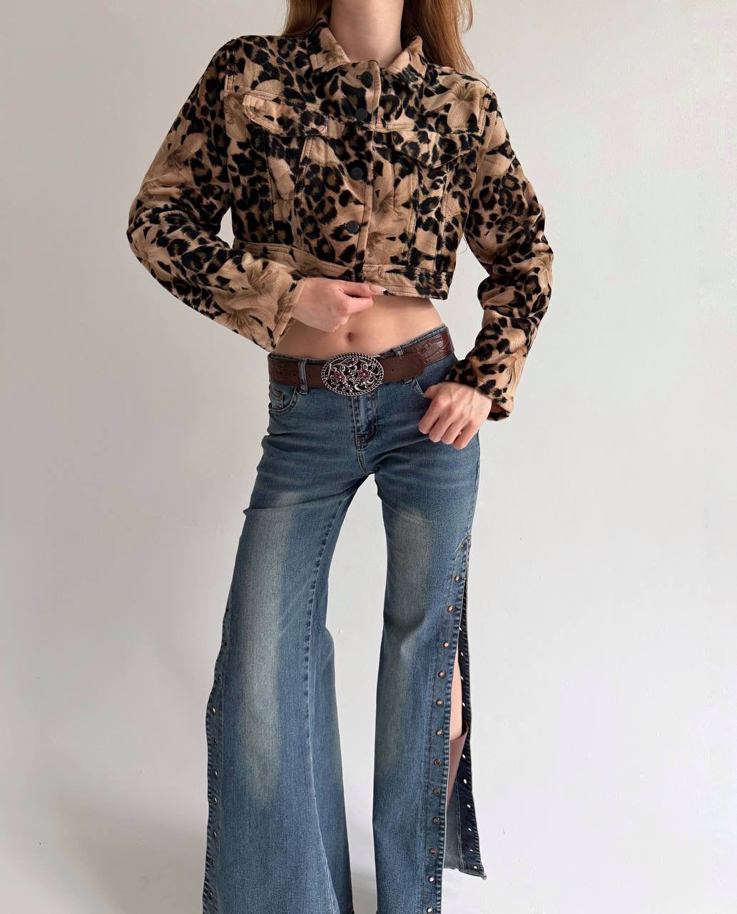 Vintage cropped jacket with leopard print