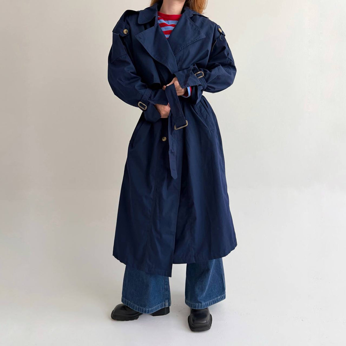 Vintage navy blue cotton blend trench coat