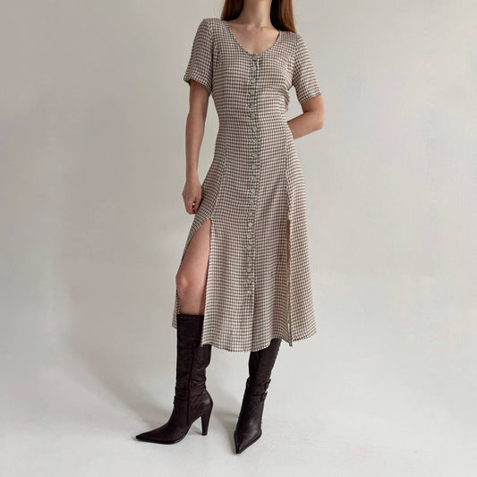 Vintage viscose checked dress with a waist tie