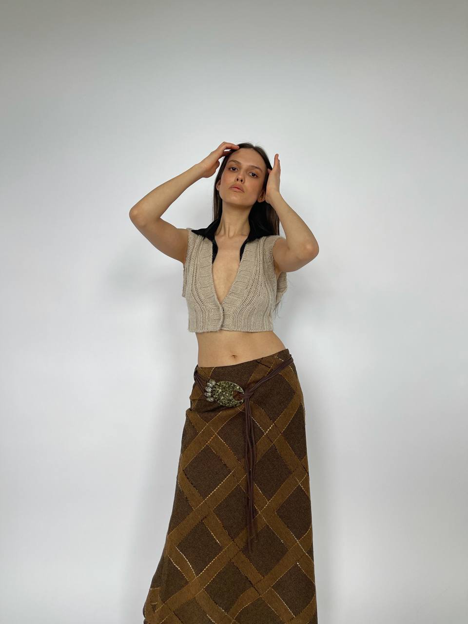 Vintage plaid maxi skirt with boho belt