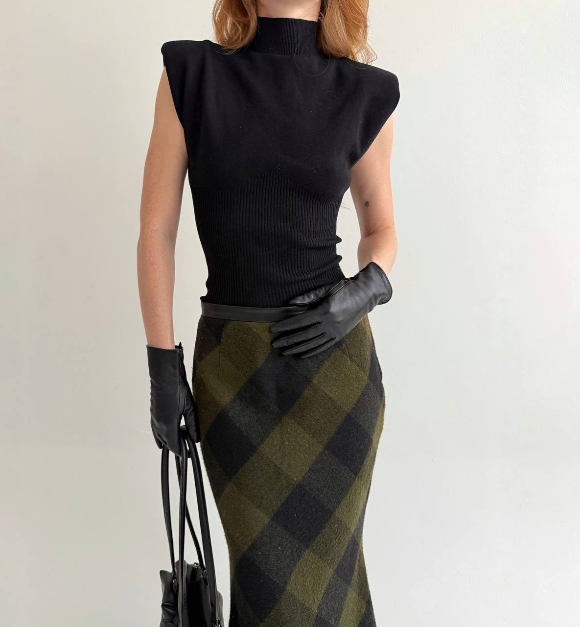Vintage dark green khaki checked maxi skirt