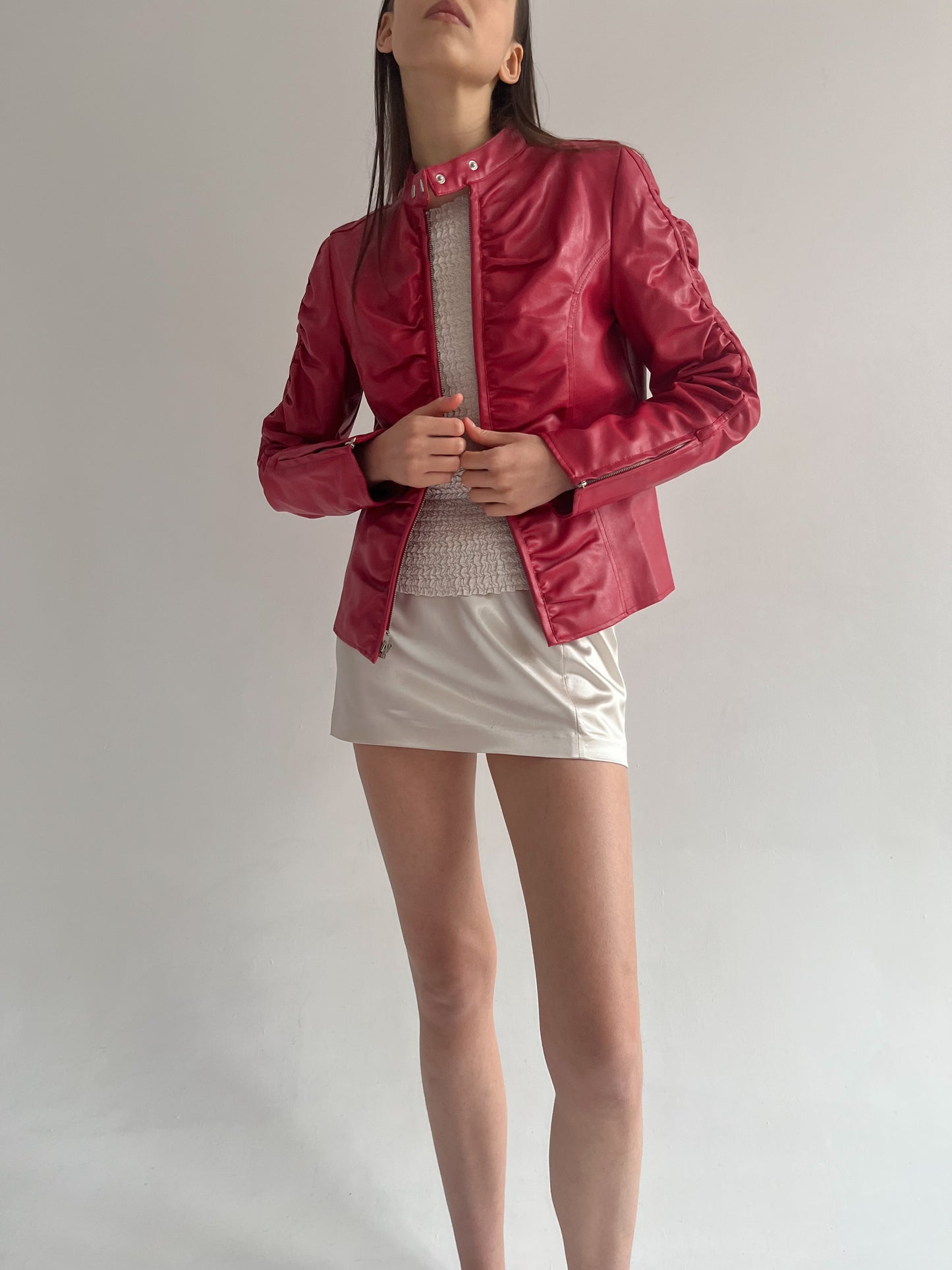 Vintage faux leather moto jacket with crinkle details