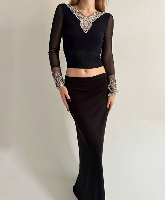 Vintage black fitted blouse with embroidered trim