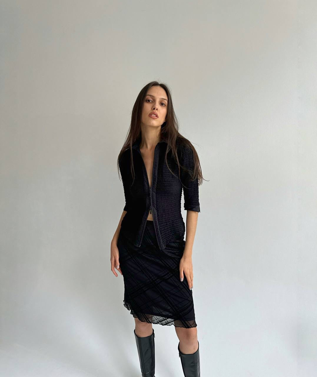 Vintage checked midi skirt with velour details