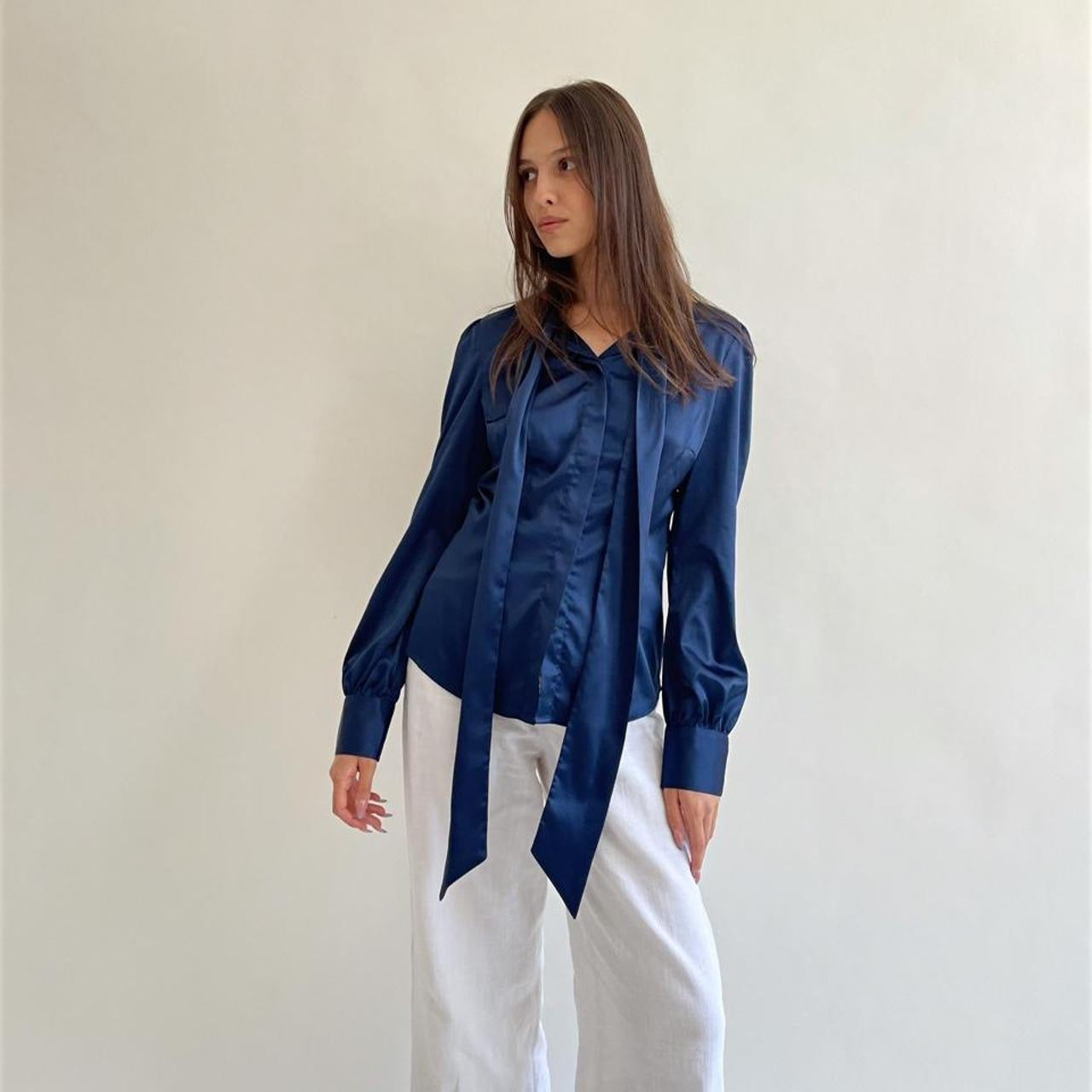 Vintage satin blue blouse with a bow