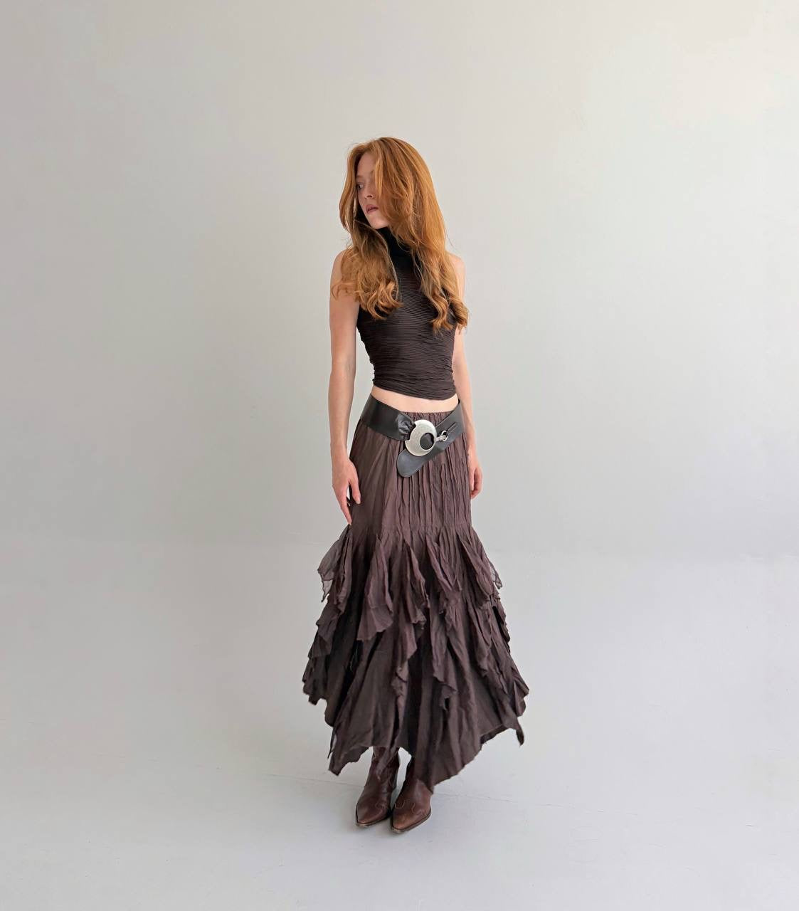 Vintage brown asymmetrical long skirt