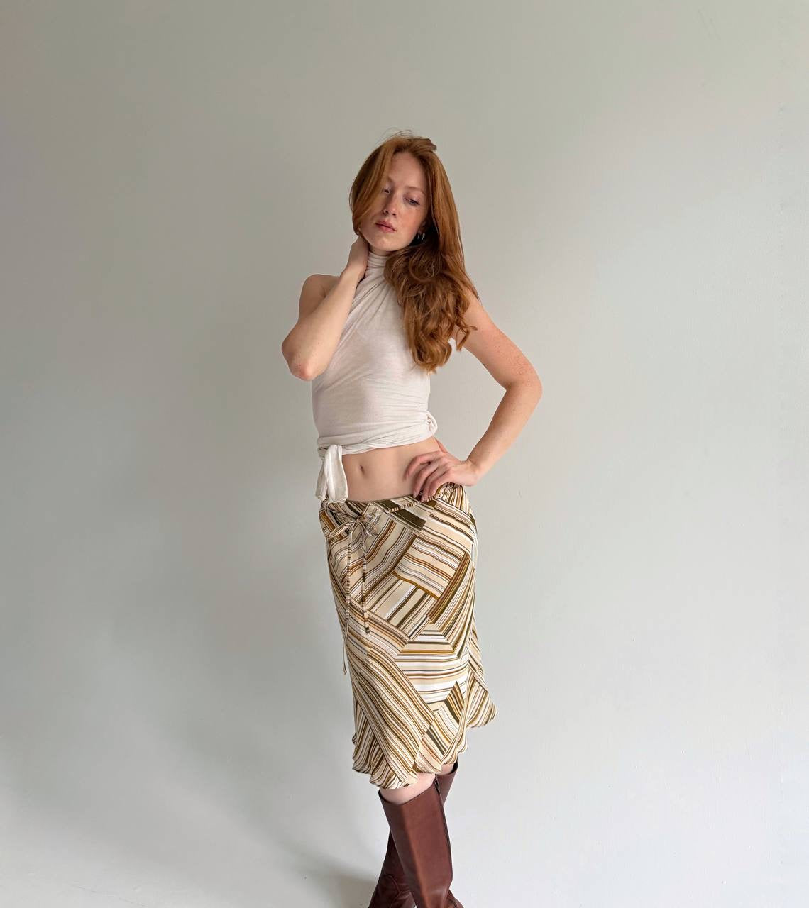 Vintage viscose geometric patterned midi skirt m