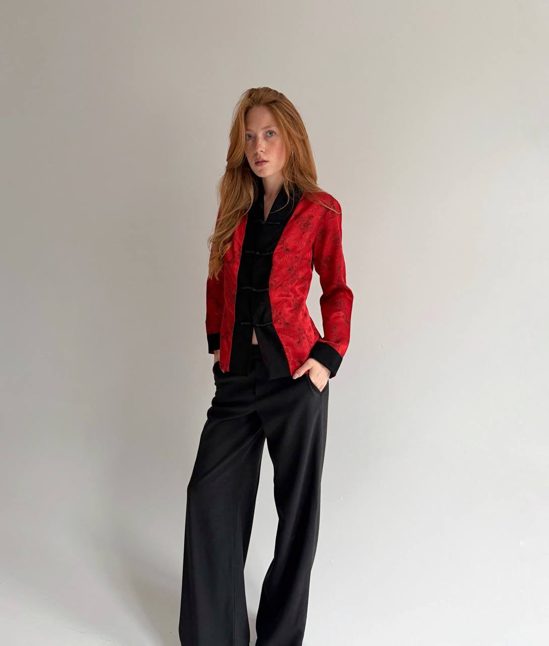 Vintage kimono style red satin blouse