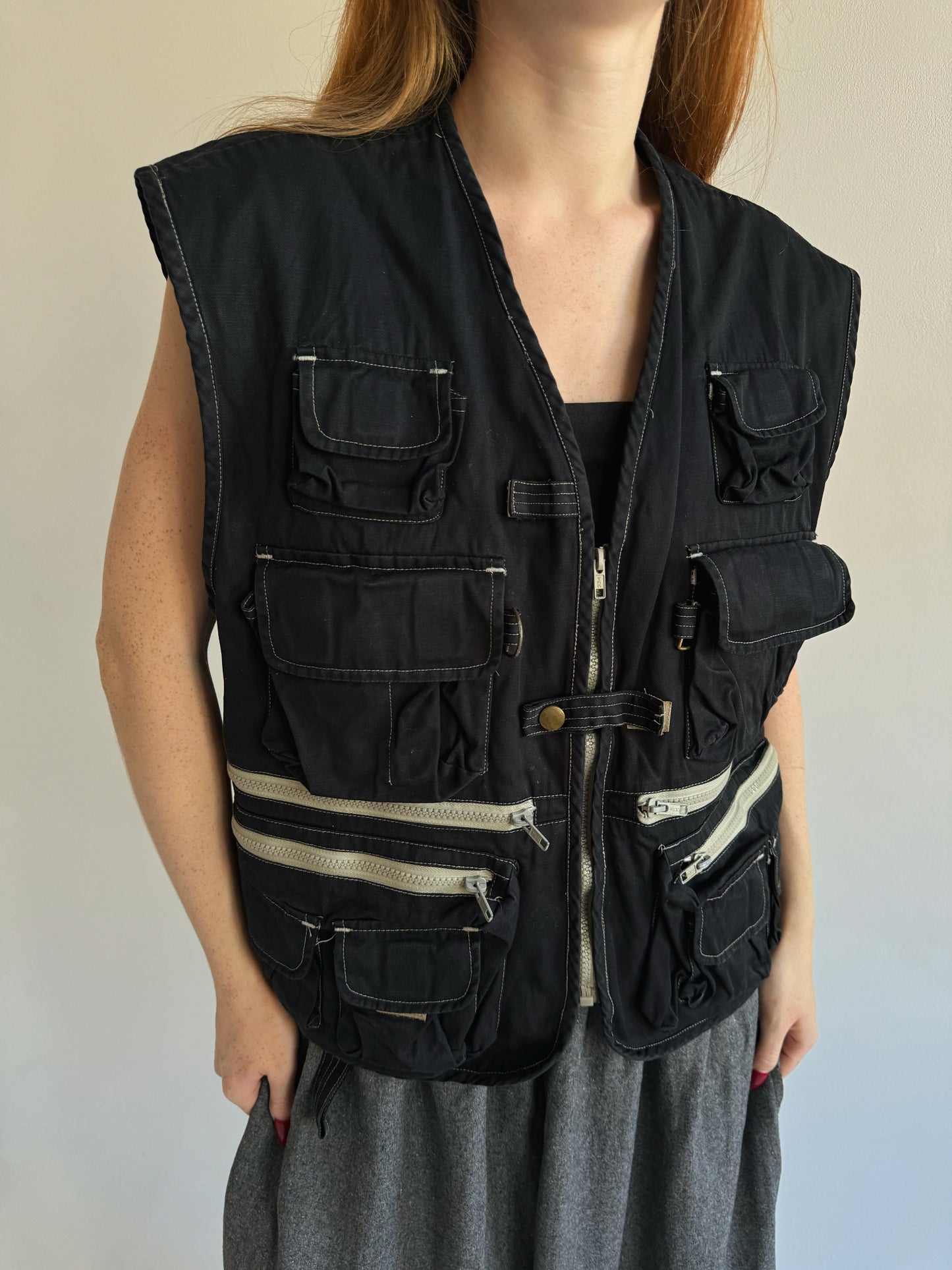 Vintage cotton black oversized fisherman vest