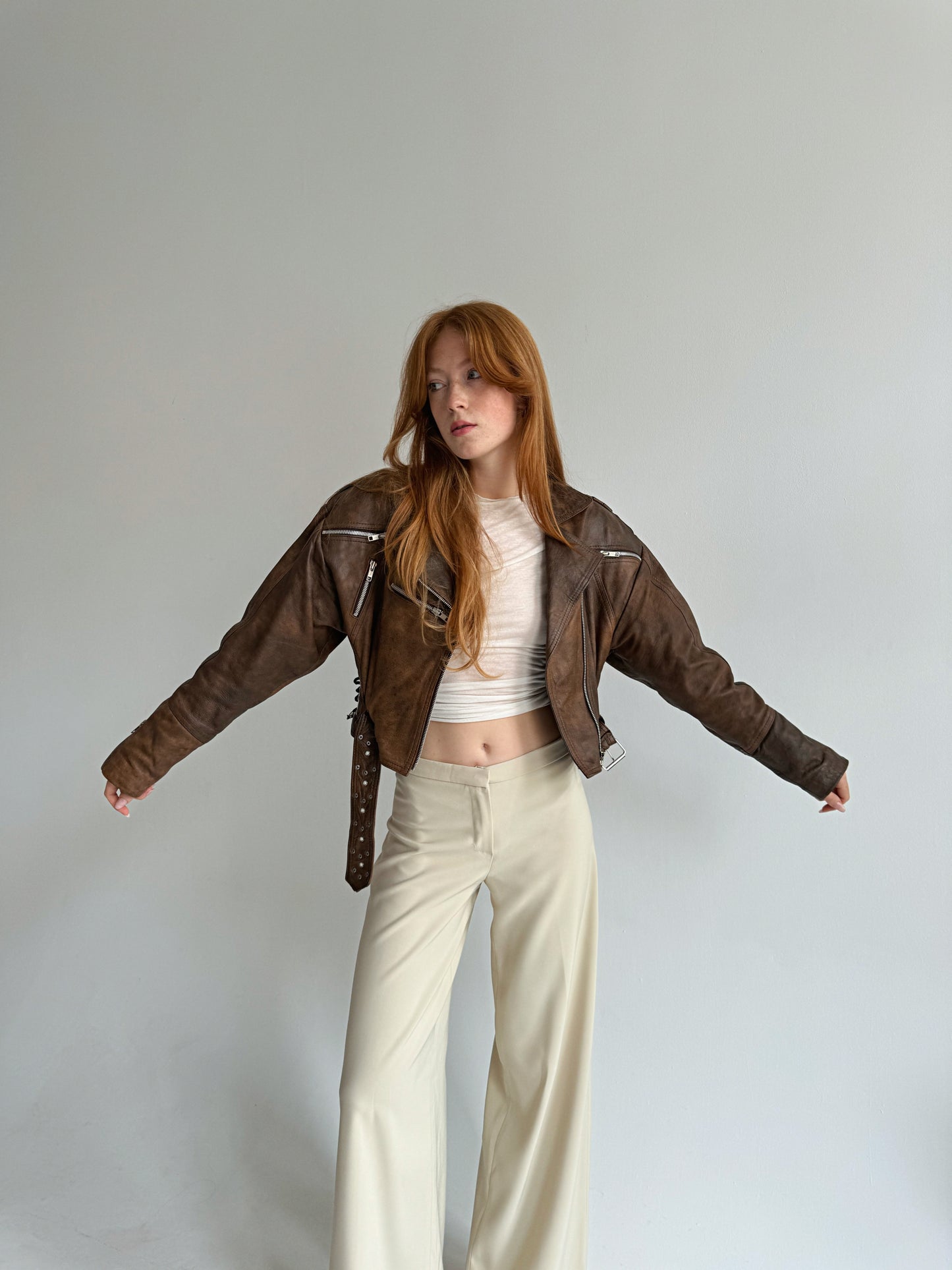 Vintage genuine leather brown waisted jacket