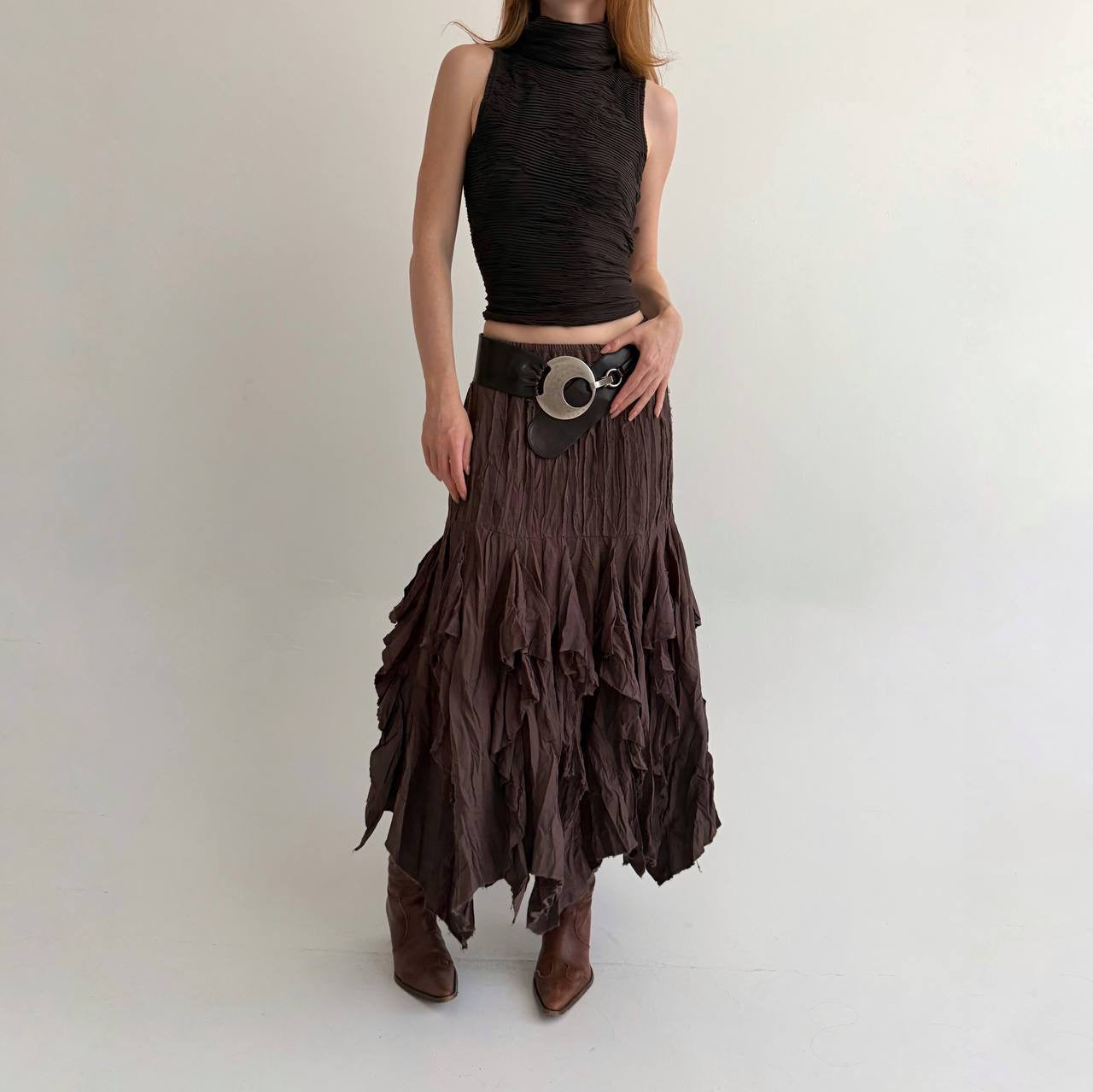 Vintage brown asymmetrical long skirt