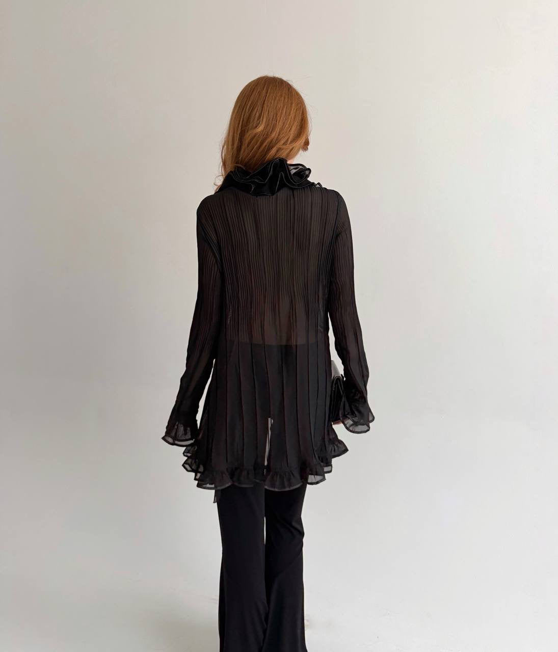 Vintage black ruffled semi sheer long blouse