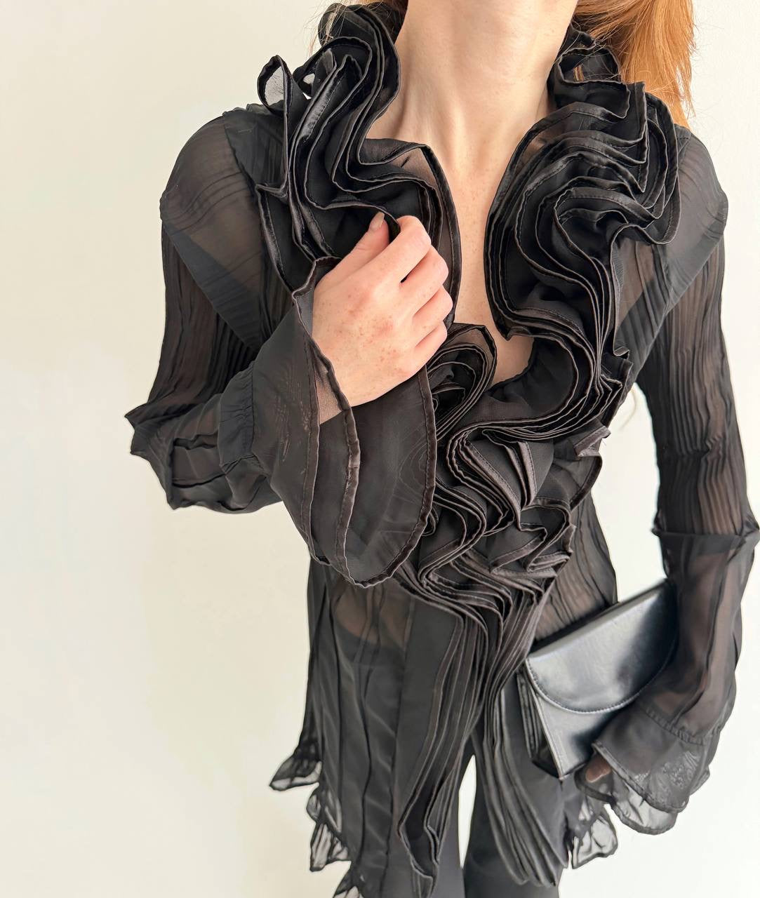 Vintage black ruffled semi sheer long blouse