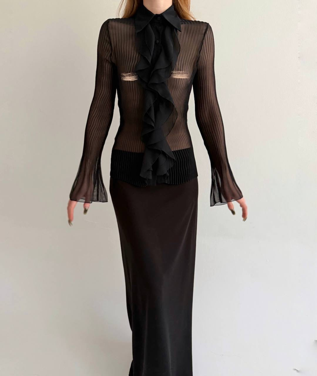 Vintage black sheer pleated blouse
