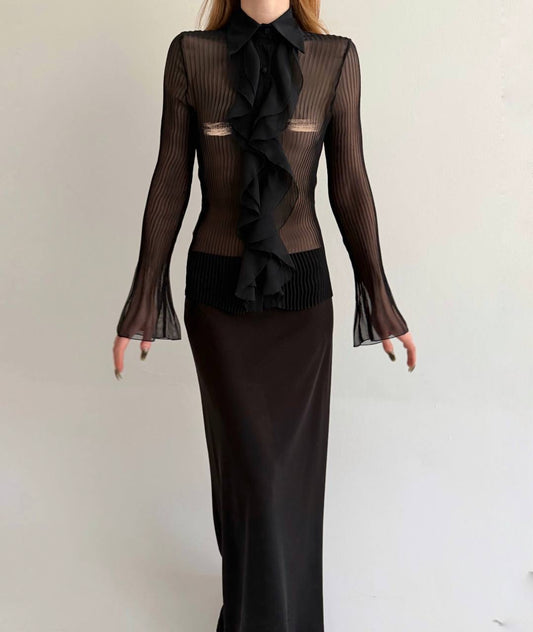 Vintage black sheer pleated blouse