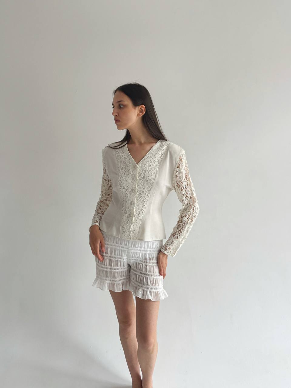 Vintage cotton blouse with lace detailing and shoulder pads