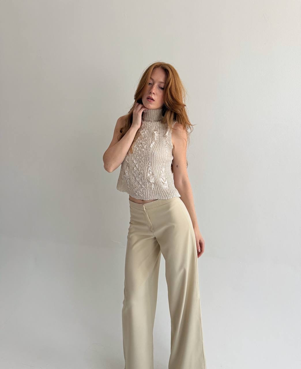Vintage champagne satin pleated top