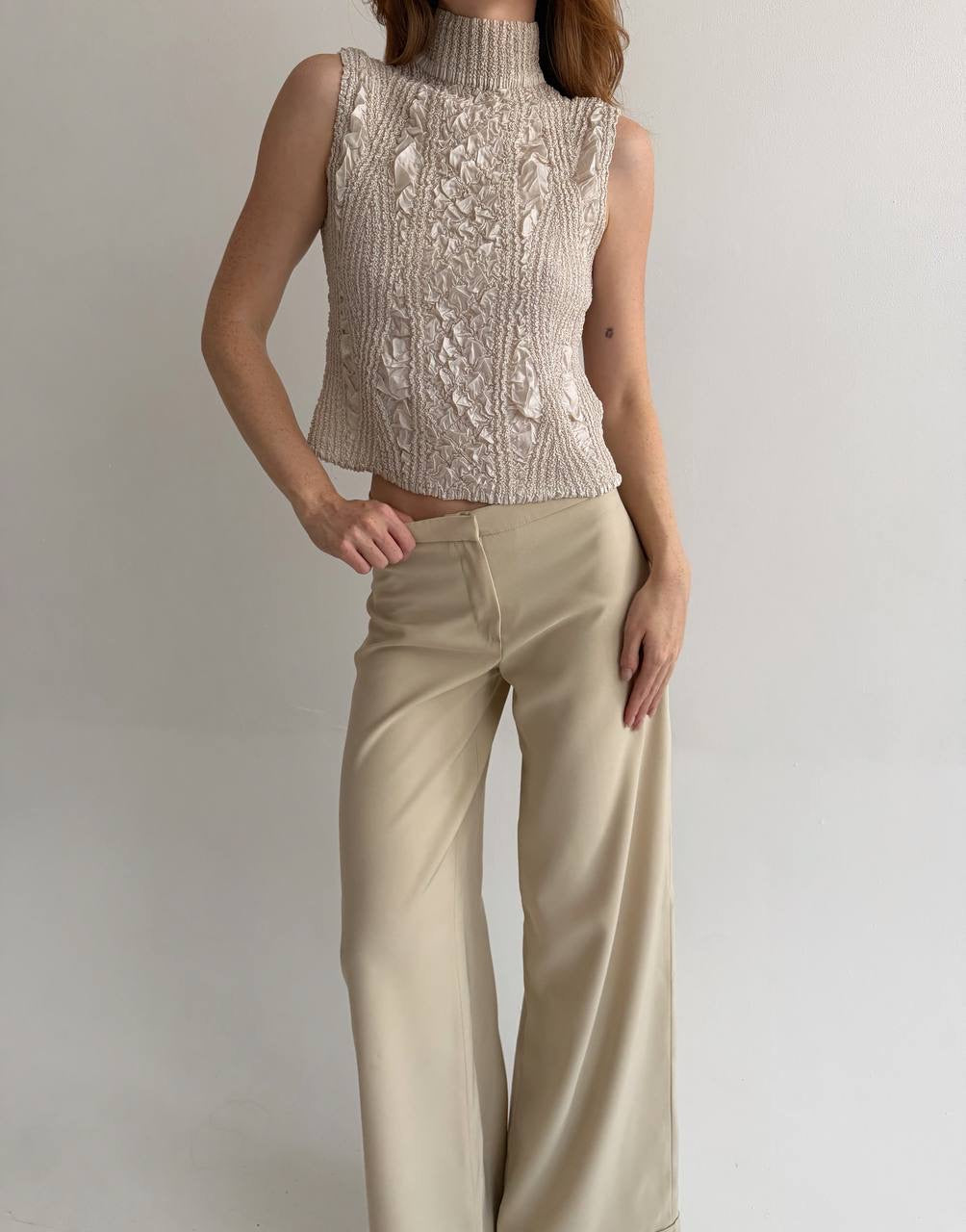 Vintage champagne satin pleated top
