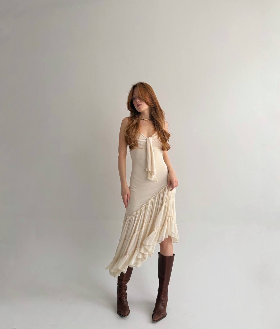 Vintage asymmetrical dress with pleated ruched bottom