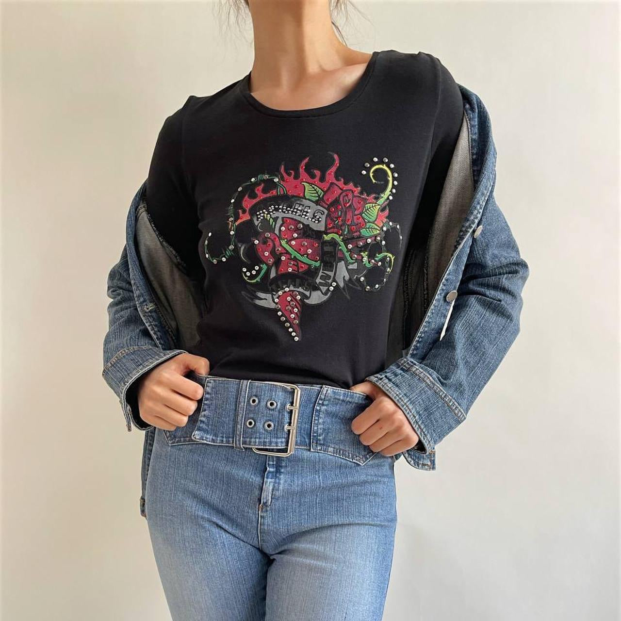 Vintage graphic long sleeve blouse in black