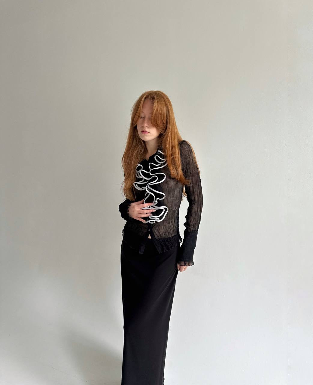 Vintage sheer pleated blouse with ruffles