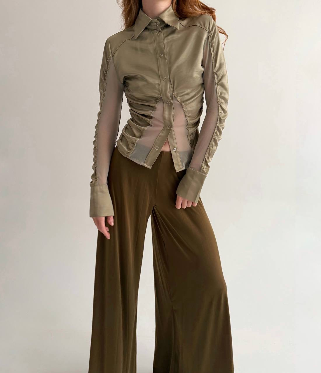 Vintage viscose olive green satin button-up blouse