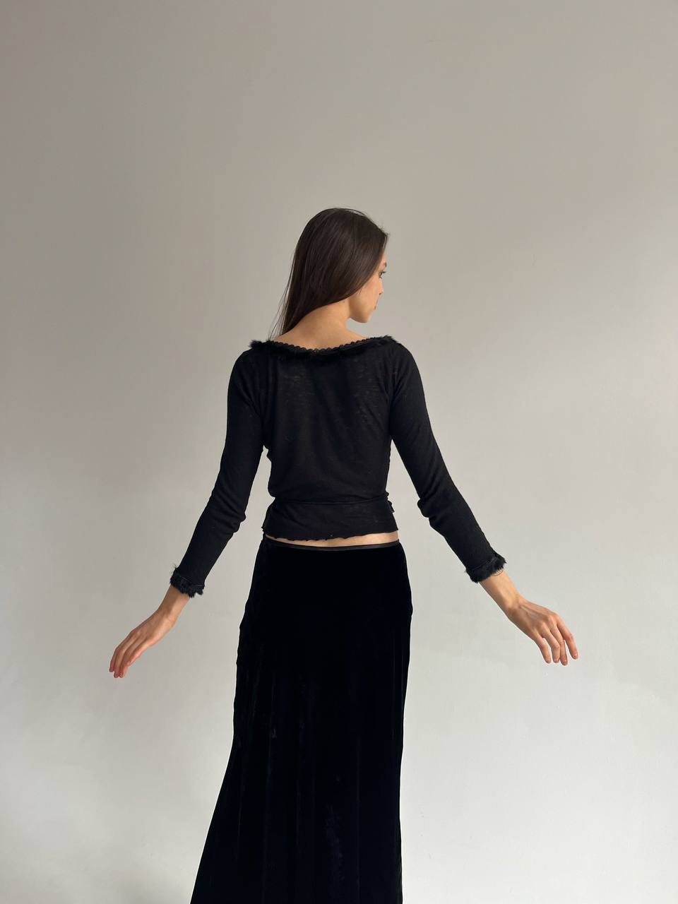 Y2K wool and viscose blend wrap top with feather